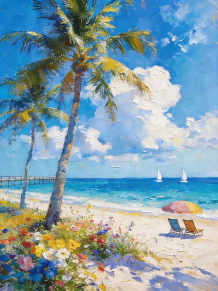 Hand Painted Canvas Wall Art, Tropical Beach Tranquility, Palm Trees Seashore Paintings, Original Oil Paintings, Small Canvas Paintings, Heavy Texture Artwork, Small Canvas Paintings-Silvia Home Craft