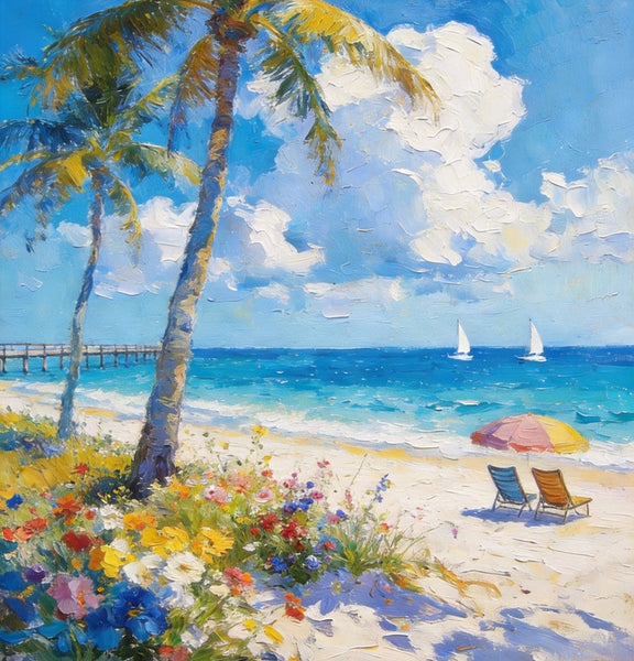 Hand Painted Canvas Wall Art, Tropical Beach Tranquility, Palm Trees Seashore Paintings, Original Oil Paintings, Small Canvas Paintings, Heavy Texture Artwork, Small Canvas Paintings-Silvia Home Craft