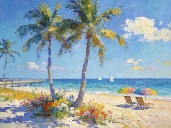 Summer Resort, Seaside Tranquility, Seashore Palm Tree Painting, Landscape Canvas Paintings, Hand Painted Canvas Art, Small Oil Paintings, Small Wall Art Paintings, Original Canvas Paintings-Silvia Home Craft
