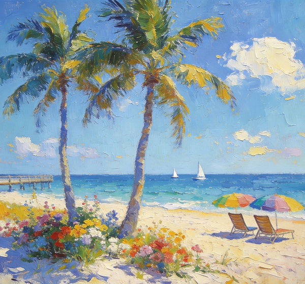 Summer Resort, Seaside Tranquility, Seashore Palm Tree Painting, Landscape Canvas Paintings, Hand Painted Canvas Art, Small Oil Paintings, Small Wall Art Paintings, Original Canvas Paintings-Silvia Home Craft