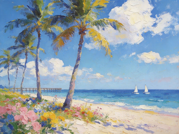 Landscape Paintings on Canvas, Beach Paradise with Palm Trees, Seashore Beach Paintings, Buy Paintings Online, Palette Knife Oil Paintings, Hand Painted Canvas Art, Original Oil Paintings-Silvia Home Craft