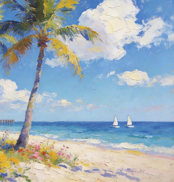 Landscape Paintings on Canvas, Beach Paradise with Palm Trees, Seashore Beach Paintings, Buy Paintings Online, Palette Knife Oil Paintings, Hand Painted Canvas Art, Original Oil Paintings-Silvia Home Craft