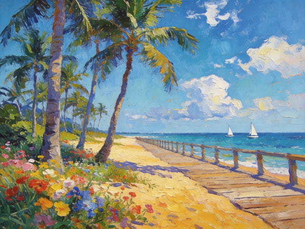 Small Wall Art Paintings, Beachside Beauty, Seashore Palm Tree Paintings, Small Oil Paintings, Hand Painted Canvas Art, Canvas Paintings for Living Room, Original Landscape Paintings-Silvia Home Craft