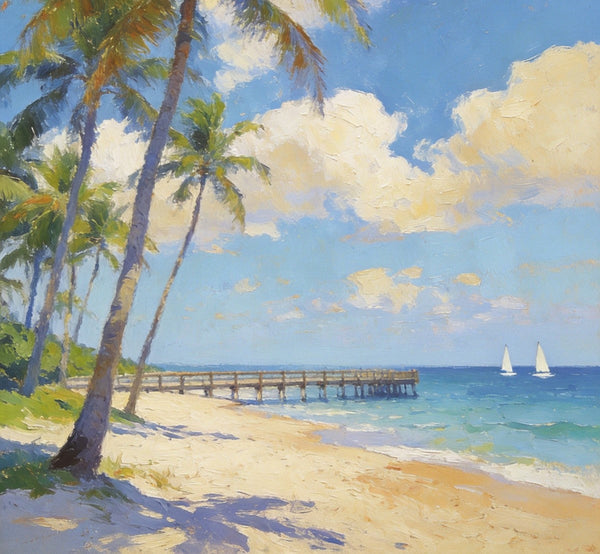 Palette Knife Artwork, Sandy Shores and Palm Tree, Hand Painted Canvas Art, Small Oil Paintings, Original Canvas Paintings, Landscape Paintings for Bedroom-Silvia Home Craft