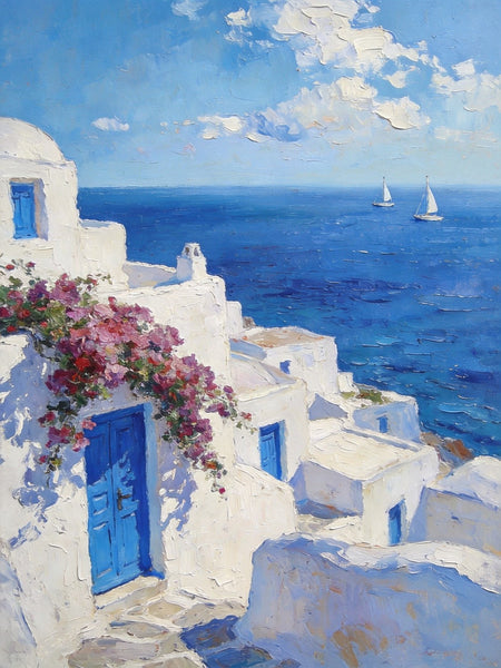 On Canvas Small Paintings, Mediterranean Bliss by the Aegean, Seashore Painting, Beach Oil Paintings, Landscape Canvas Paintings, Original Landscape Paintings, Hand Painted Canvas Art-Silvia Home Craft