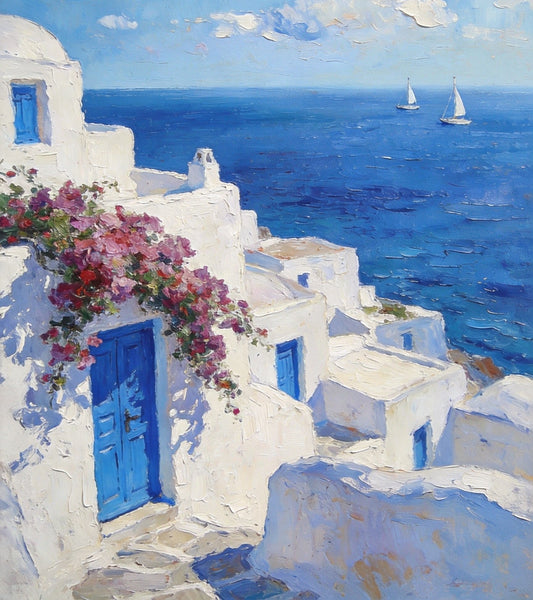 On Canvas Small Paintings, Mediterranean Bliss by the Aegean, Seashore Painting, Beach Oil Paintings, Landscape Canvas Paintings, Original Landscape Paintings, Hand Painted Canvas Art-Silvia Home Craft