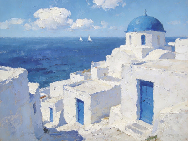 Palette Knife Oil Paintings, Aegean's Azure Allure, Seashore Beach Paintings, Landscape Canvas Paintings, Small Landscape Paintings on Canvas, Hand Painted Canvas Art, Original Oil Paintings-Silvia Home Craft
