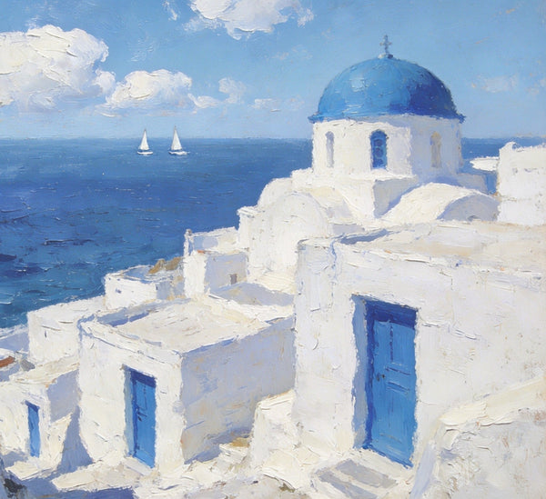 Palette Knife Oil Paintings, Aegean's Azure Allure, Seashore Beach Paintings, Landscape Canvas Paintings, Small Landscape Paintings on Canvas, Hand Painted Canvas Art, Original Oil Paintings-Silvia Home Craft