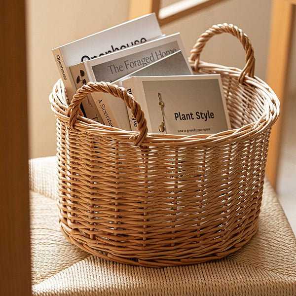 Small Picnic Fruit Basket with Handle, Kitchen Storage Baskets, Natural Hand-woven Wicker Round Storage Basket, Small Willow Weaving Baskets for Vegetable, Natural Fruit Storage Basket-Silvia Home Craft