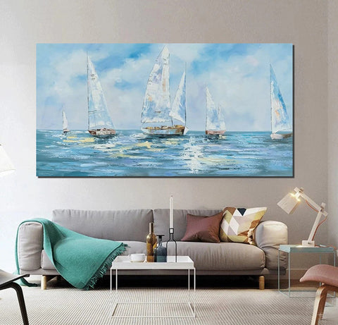 Contemporary Canvas Artwork, Abstract Wall Art Paintings, Modern Art Paintings for Dining Room, Sail Boat Acrylic Paintings on Canvas, Hand Painted Wall Art Paintings-Silvia Home Craft