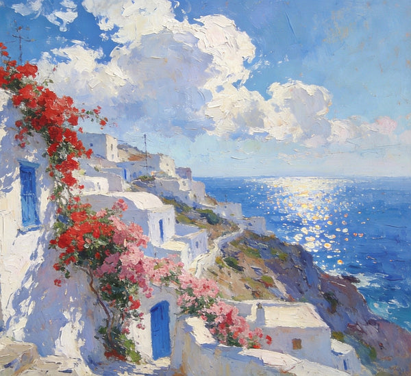 Small Original Oil Paintings, Coastal Charm of the Aegean, Hand Painted Canvas Art, Landscape Wall Art Paintings, Landscape Paintings for Living Room-Silvia Home Craft