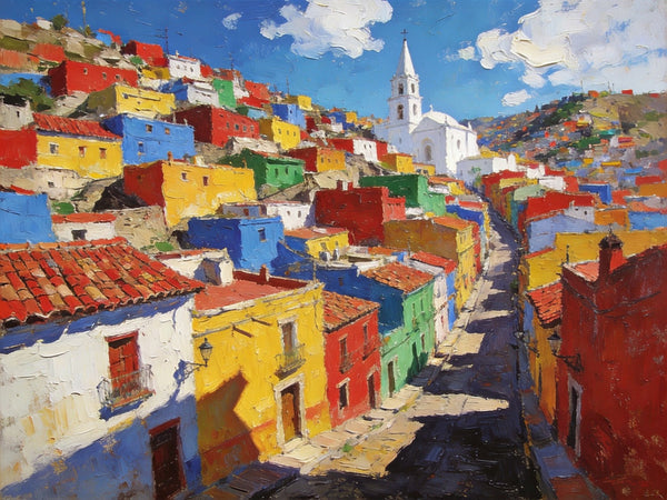 Canvas Wall Art Paintings, Guanajuato's Chromatic Charm, Hand Painted Canvas Art, Small Oil Paintings, Landscape Canvas Paintings, Original Canvas Paintings-Silvia Home Craft