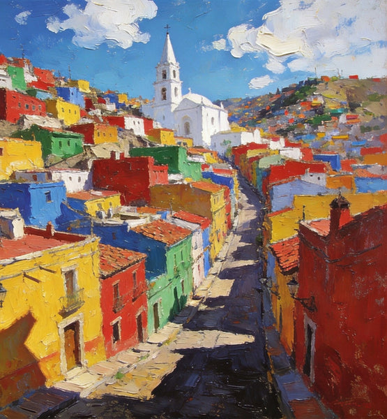 Canvas Wall Art Paintings, Guanajuato's Chromatic Charm, Hand Painted Canvas Art, Small Oil Paintings, Landscape Canvas Paintings, Original Canvas Paintings-Silvia Home Craft