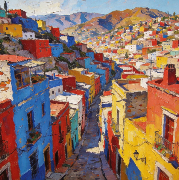 The Painted Guanajuato Town on the Hill, Canvas Wall Art Paintings,Landscape Canvas Paintings, Hand Painted Canvas Art, Original Oil Paintings, Buy Small Canvas Paintings-Silvia Home Craft