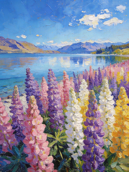 Small Oil Paintings, Scenic Lake Pukaki with Flowers, Heavy Texture Artwork, Hand Painted Canvas Art, Original Landscape Paintings, Canvas Paintings for Bedroom-Silvia Home Craft