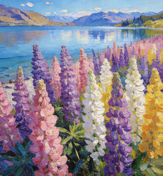Small Oil Paintings, Scenic Lake Pukaki with Flowers, Heavy Texture Artwork, Hand Painted Canvas Art, Original Landscape Paintings, Canvas Paintings for Bedroom-Silvia Home Craft