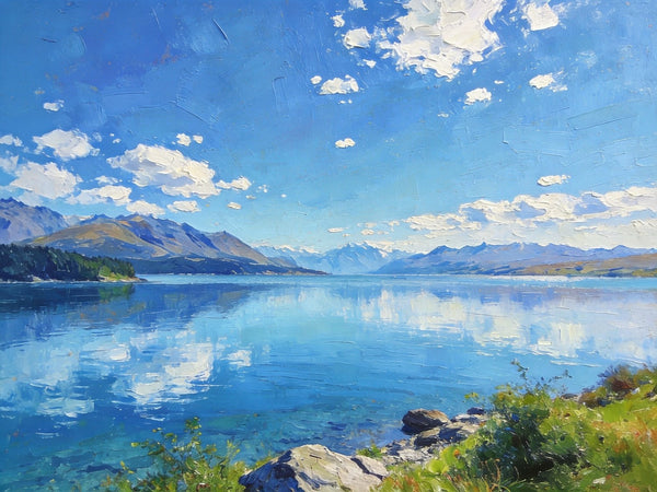 Picturesque Lake and Mountain View, Hand Painted Canvas Art, Original Landscape Paintings, Small Oil Paintings, Canvas Paintings for Living Room, Buy Paintings Online-Silvia Home Craft