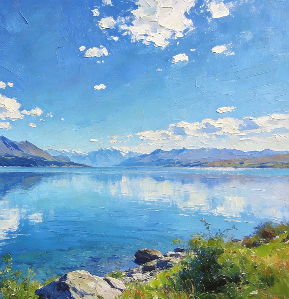 Picturesque Lake and Mountain View, Hand Painted Canvas Art, Original Landscape Paintings, Small Oil Paintings, Canvas Paintings for Living Room, Buy Paintings Online-Silvia Home Craft
