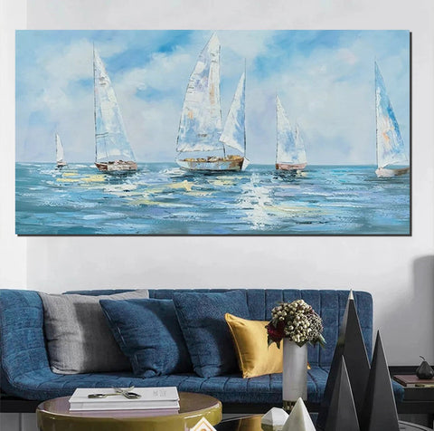 Sail Boat Acrylic Paintings on Canvas, Hand Painted Wall Art Paintings, Contemporary Canvas Artwork, Abstract Wall Art Paintings, Modern Art Paintings for Dining Room-Silvia Home Craft