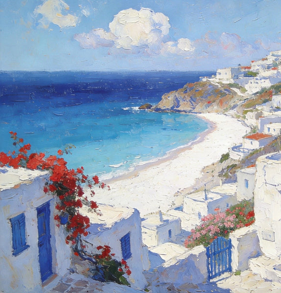Landscape Paintings for Bedroom, Aegean's Coastal Symphony, Hand Painted Canvas Art, Small Canvas Paintings, Buy Paintings Online, Original Oil Paintings-Silvia Home Craft