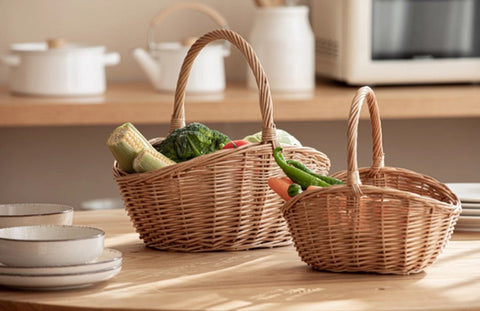 Natural Hand-woven Wicker Storage Basket, Large Picnic Food Basket with Handle, Lovely Willow Weaving Baskets for Vegetable, Natural Fruit Basket, Kitchen Storage Baskets-Silvia Home Craft