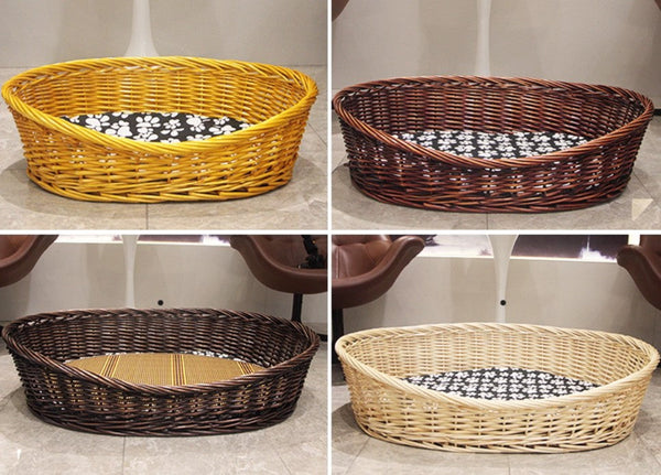 Natural Wicker Dog Bed with Washable Cushion for Indoor Cats and Dogs, Hand woven Rattan Cat Beds-Silvia Home Craft
