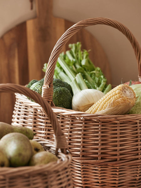 Large Picnic Food Basket with Handle, Natural Hand-woven Wicker Storage Basket, Willow Weaving Baskets for Vegetable, Natural Fruit Basket, Kitchen Storage Baskets-Silvia Home Craft