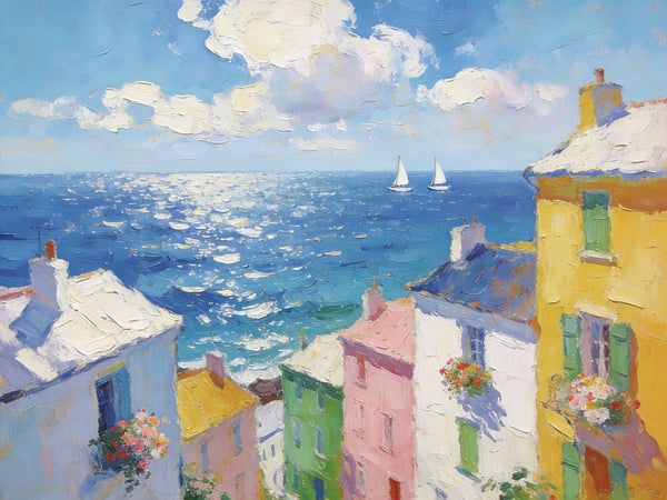 Landscape Paintings for Living Room, Seaside Town Enchanting Landscape, Hand Painted Canvas Art, Small Canvas Paintings, Landscape Wall Art Paintings, Original Oil Paintings-Silvia Home Craft