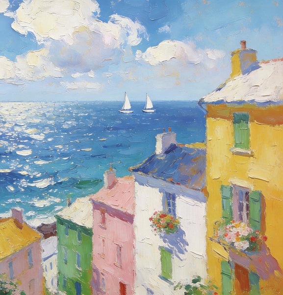 Landscape Paintings for Living Room, Seaside Town Enchanting Landscape, Hand Painted Canvas Art, Small Canvas Paintings, Landscape Wall Art Paintings, Original Oil Paintings-Silvia Home Craft
