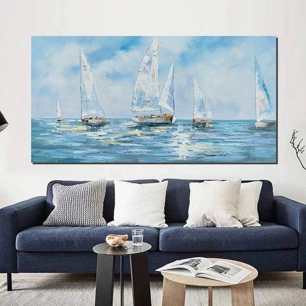Sail Boat Acrylic Paintings on Canvas, Hand Painted Wall Art Paintings, Contemporary Canvas Artwork, Abstract Wall Art Paintings, Modern Art Paintings for Dining Room-Silvia Home Craft