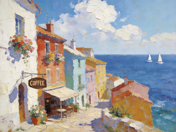 Original Landscape Paintings, Beach Town Serenity, Small Oil Paintings, Buy Painting Online, Hand Painted Canvas Art, Heavy Texture Artwork-Silvia Home Craft