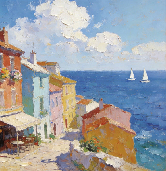 Original Landscape Paintings, Beach Town Serenity, Small Oil Paintings, Buy Painting Online, Hand Painted Canvas Art, Heavy Texture Artwork-Silvia Home Craft