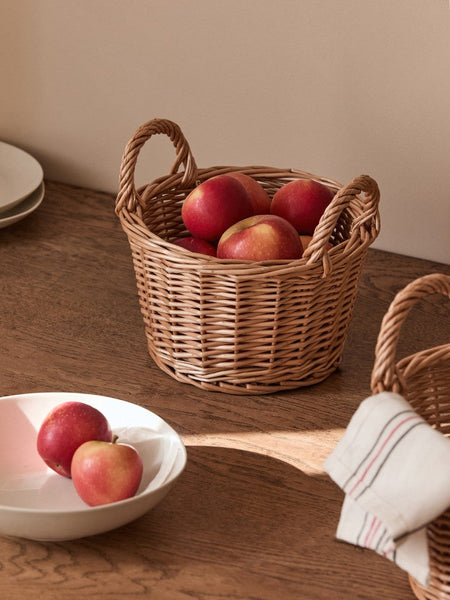 Large Picnic Fruit Basket with Handle, Natural Hand-woven Wicker Round Storage Basket, Lovely Willow Weaving Baskets for Vegetable, Natural Fruit Storage Basket, Kitchen Storage Baskets-Silvia Home Craft