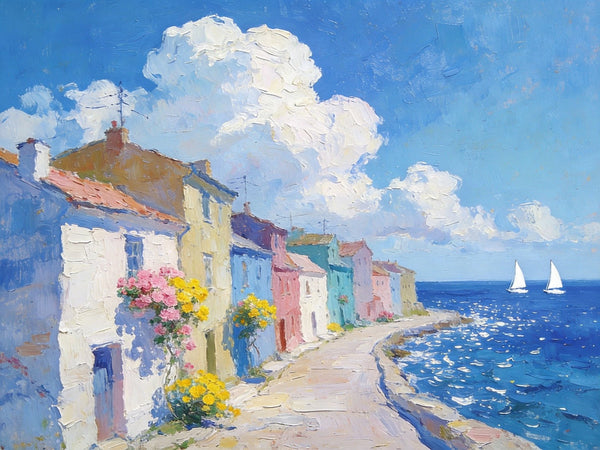 Small Landscape Paintings on Canvas, Coastal Town Dreamy Vista, Seashore Beach Paintings, Landscape Canvas Paintings, Palette Knife Oil Paintings, Hand Painted Canvas Art, Original Oil Paintings-Silvia Home Craft