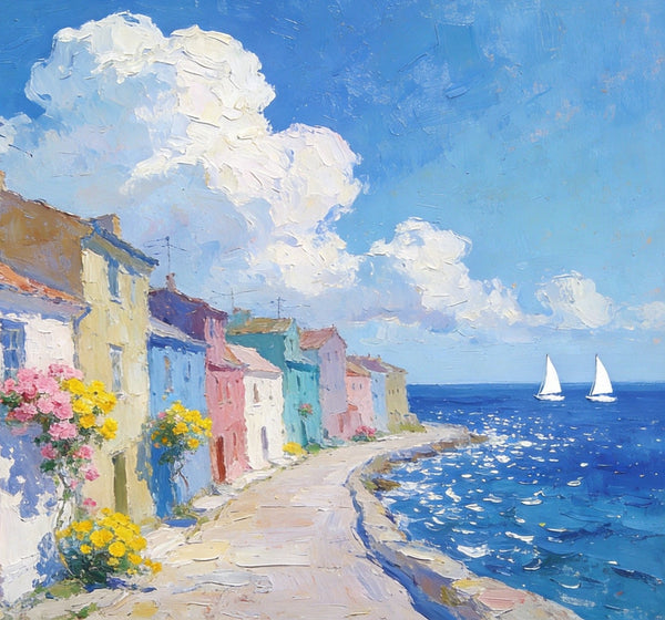 Small Landscape Paintings on Canvas, Coastal Town Dreamy Vista, Seashore Beach Paintings, Landscape Canvas Paintings, Palette Knife Oil Paintings, Hand Painted Canvas Art, Original Oil Paintings-Silvia Home Craft