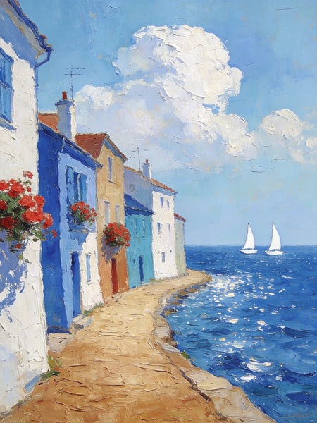 Palette Knife Artwork, Seaside Town Peaceful Ambiance, Hand Painted Canvas Art, Small Oil Paintings, Original Canvas Paintings, Landscape Paintings for Bedroom-Silvia Home Craft