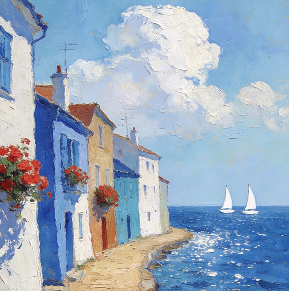 Palette Knife Artwork, Seaside Town Peaceful Ambiance, Hand Painted Canvas Art, Small Oil Paintings, Original Canvas Paintings, Landscape Paintings for Bedroom-Silvia Home Craft