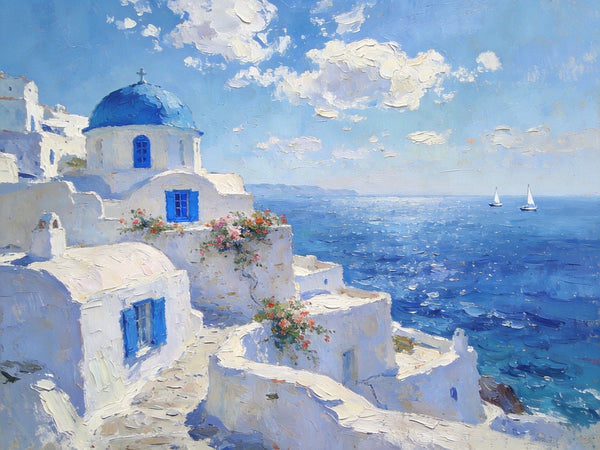 The Blue Domed Church by the Sea, Hand Painted Canvas Art, Small Oil Paintings, Heavy Texture Artwork, Landscape Canvas Paintings, Original Canvas Paintings-Silvia Home Craft