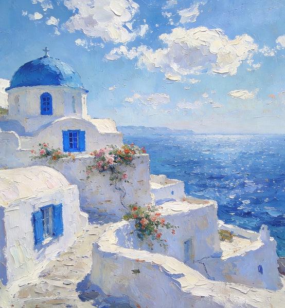 The Blue Domed Church by the Sea, Hand Painted Canvas Art, Small Oil Paintings, Heavy Texture Artwork, Landscape Canvas Paintings, Original Canvas Paintings-Silvia Home Craft