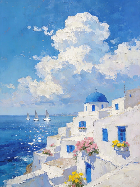 Greek Dream by the Aegean, Seashore Paintings, Canvas Paintings for Bedroom, Original Landscape Paintings, Heavy Texture Artwork, Small Oil Paintings, Hand Painted Canvas Art-Silvia Home Craft