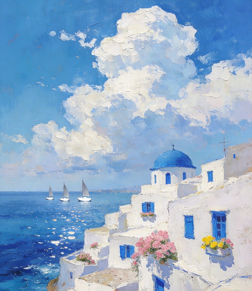 Greek Dream by the Aegean, Seashore Paintings, Canvas Paintings for Bedroom, Original Landscape Paintings, Heavy Texture Artwork, Small Oil Paintings, Hand Painted Canvas Art-Silvia Home Craft