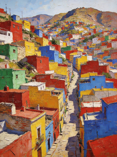 Original Landscape Art, Guanajuato's Hued Houses and Winding Paths, Small Oil Paintings, Hand Painted Canvas Art, Heavy Texture Wall Art Paintings, Landscape Paintings for Bedroom-Silvia Home Craft