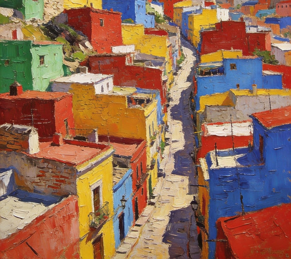 Original Landscape Art, Guanajuato's Hued Houses and Winding Paths, Small Oil Paintings, Hand Painted Canvas Art, Heavy Texture Wall Art Paintings, Landscape Paintings for Bedroom-Silvia Home Craft