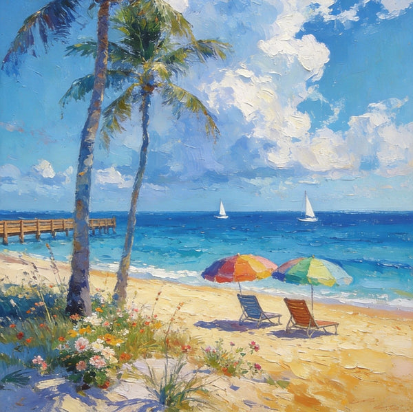 Heavy Texture Artwork, Coastal Peach and Quiet, Palm Trees Seashore Paintings, Hand Painted Canvas Wall Art, Original Oil Paintings, Small Canvas Paintings, Small Canvas Paintings-Silvia Home Craft