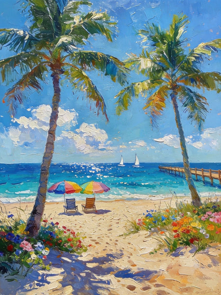 Original Landscape Paintings, Tropical Coastal Charm, Palm Tree Seashore Paintings, Canvas Paintings for Bedroom, Heavy Texture Artwork, Small Oil Paintings, Hand Painted Canvas Art-Silvia Home Craft