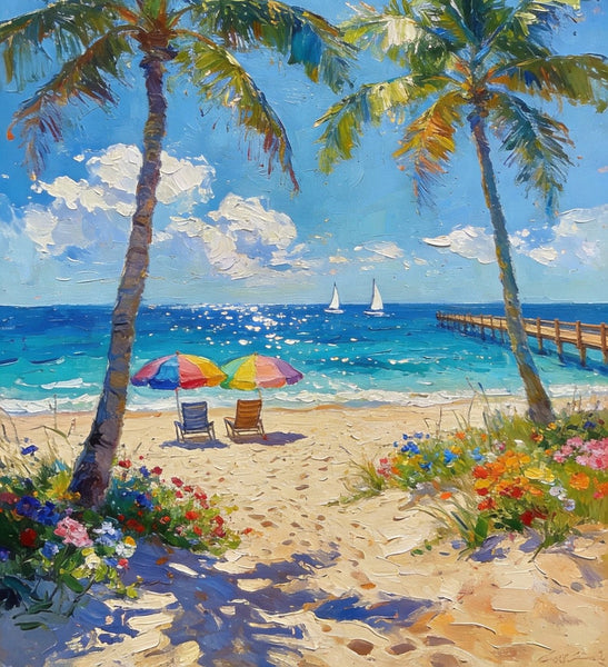 Original Landscape Paintings, Tropical Coastal Charm, Palm Tree Seashore Paintings, Canvas Paintings for Bedroom, Heavy Texture Artwork, Small Oil Paintings, Hand Painted Canvas Art-Silvia Home Craft