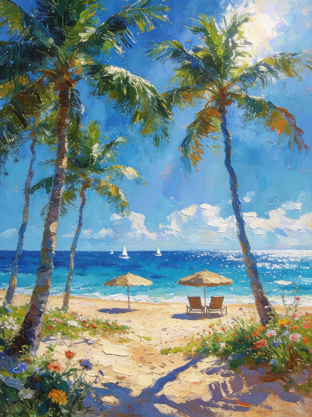 Canvas Paintings for Dining Room, Beachside Haven, Palm Tree Seashore Paintings, Original Landscape Paintings, Heavy Texture Artwork, Small Oil Paintings, Hand Painted Canvas Art-Silvia Home Craft