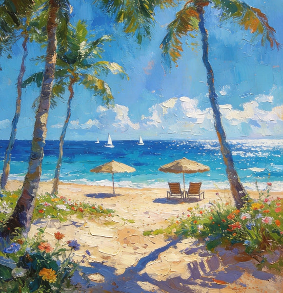 Canvas Paintings for Dining Room, Beachside Haven, Palm Tree Seashore Paintings, Original Landscape Paintings, Heavy Texture Artwork, Small Oil Paintings, Hand Painted Canvas Art-Silvia Home Craft