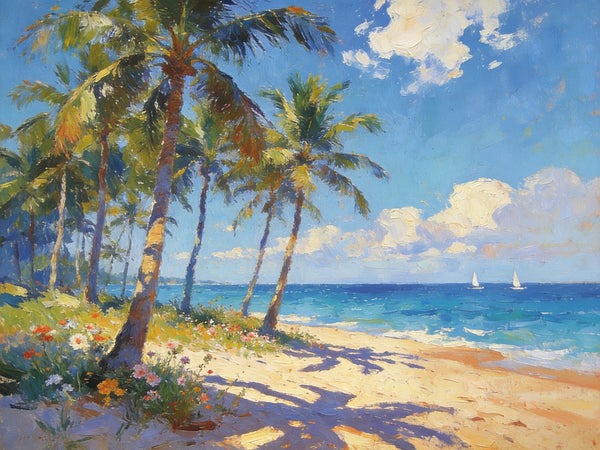 Hand Painted Canvas Art, Seaside Serenity, Seashore Palm Tree Paintings, Small Oil Paintings, Canvas Paintings for Living Room, Small Wall Art Paintings, Original Landscape Paintings-Silvia Home Craft