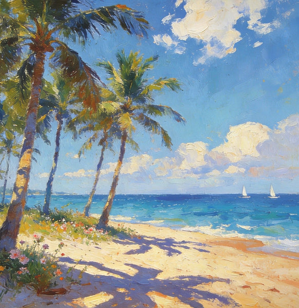 Hand Painted Canvas Art, Seaside Serenity, Seashore Palm Tree Paintings, Small Oil Paintings, Canvas Paintings for Living Room, Small Wall Art Paintings, Original Landscape Paintings-Silvia Home Craft